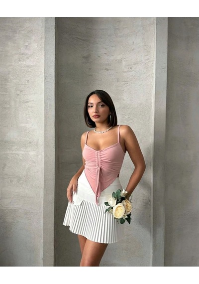 Önü Büzgülü Askılı Crop Pembe