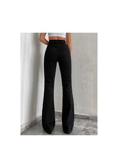 Kene Jeans Yüksek Bel Siyah Tam Kalıp Flare/ispanyol Paça Likralı Jeans Siyah