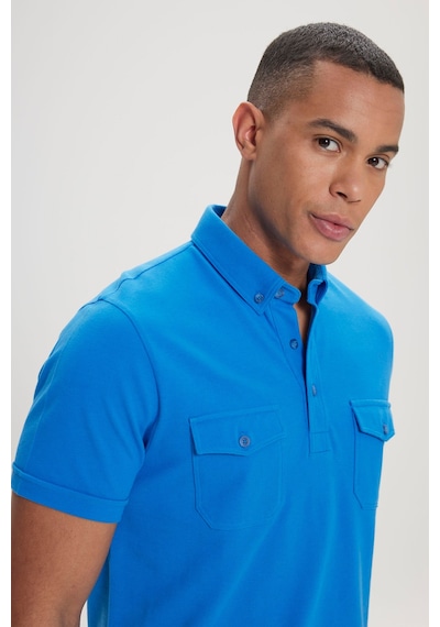 Erkek Saks Slim Fit Dar Kesim %100 Pamuk Polo Yaka Tişört Saks