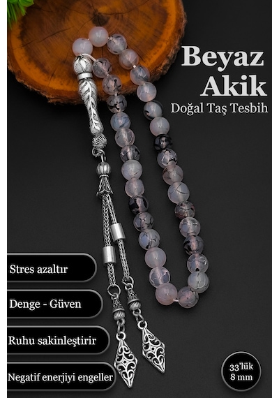 Beyaz Akik Doğal Taş Tesbih Erkek Akik Tesbih Bt050 Beyaz - Siyah