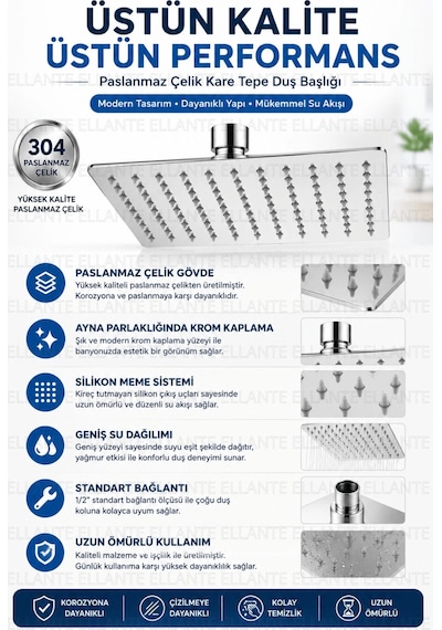 Paslanmaz Çelik Yağmur Duş Başlığı Kare Krom Tepe Duş Başlığı Geniş Su Dağılımlı Standart 1/2" Bağla Çok Renkli