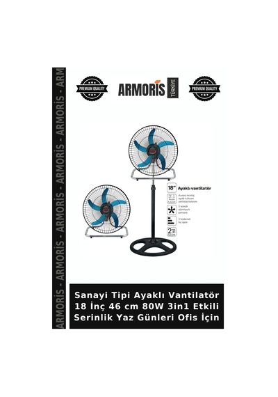 Sanayi Tipi Ayaklı Vantilatör 18 İnç 46 Cm 80w 3in1 Etkili Serinlik Yaz Günleri Ofis İçin