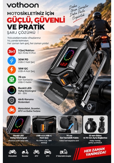 Motosiklet Telefon Tutucu Ayna Ve Gidon Bağlantılı Telefon Şarj Cihazı Geri Sarılabilir Type-c Kablolu Voltaj Gös Belirtilmemiş