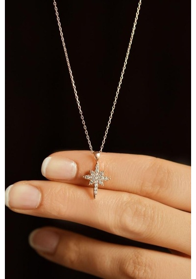 Zirkon Taşlı Rose Kuzey Yıldızı Minimal Gümüş Kolye