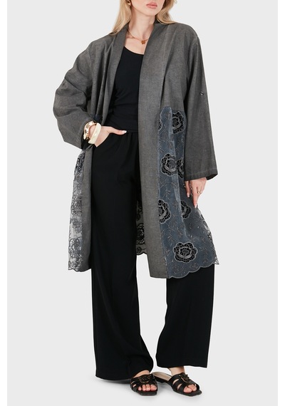 Via Dante % 100 Keten Dantel Detaylı Kimono Bayan Kimono 6909330 Antrasit