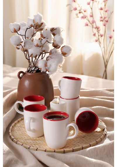 Keramika Mat Beyaz / Kırmızı Bulut Kupa 9 Cm 6 Adet Çok Renkli