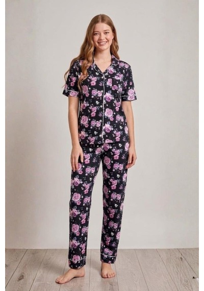 Mecit Pijama Mecit 6353 Lacivert Çiçekli Boydan Düğmeli Kadın Pijama Takımı