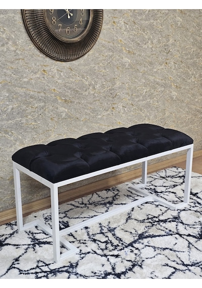 Zafir Beyaz Boyalı - L - Ayaklı 100 Cm X 38 Cm Oturak - Bench - Makyaj Taburesi - Makyaj Oturak Siyah