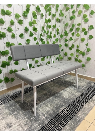 Özcan Metal Beyaz Metal Ayaklı Sırtlı Gri Mutfak Salon Antre Yatak Odası Puf Bank Oturak Bench Gri