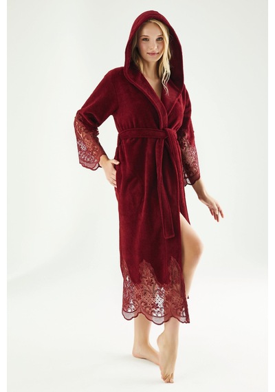 Dantelli Uzun Kapüşonlu Triga Bambu Cotton Bayan Bornoz Bordo