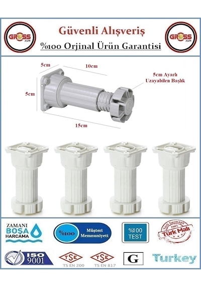 Plastik Mobilya Baza Ayağı - 10-15cm - Ayarlanabilir - 4 Adet Beyaz