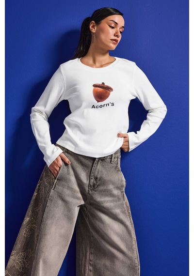 Itsbasic Kadın Beyaz W5 Oversize Baskılı %100 Pamuk Sweatshirt