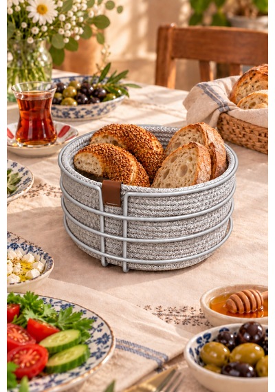Mat Gümüş Yuvarlak Ekmek Sepeti, Ekmeklik Sunum Sepeti, Buz Gri Makrome Çok Amaçlı Paslanmaz Metal Çok Renkli