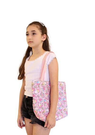 İcone Bag Desenli Kız Çocuk Plaj Çantası, Baskılı Çocuk Günlük Çanta Pembe