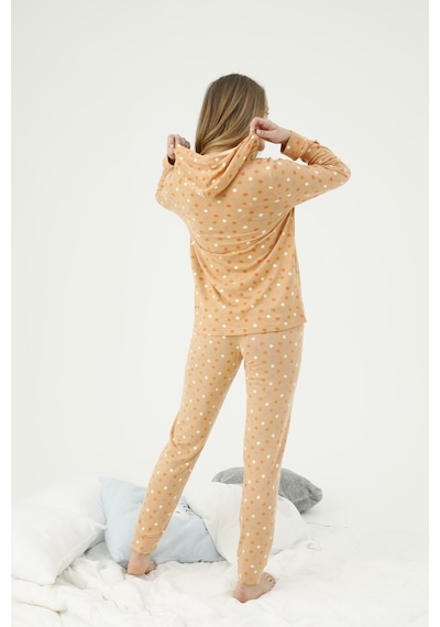 Siyah İnci Kapüşonlu Alt Üst Polar Pijama Takım Desenli