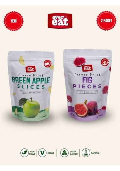 Evereat Elma-incir Freeze Dry Meyve Cipsi 2'li Paket Doğal Atıştırmalık Seti 1 Adet
