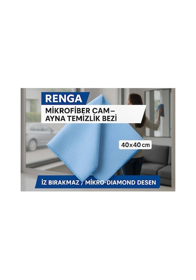 Mavi Renga Mikrofiber Cam - Ayna Temizlik Bezi 40x40 Cm İz Bırakmaz / Mikro Baklava Desenli