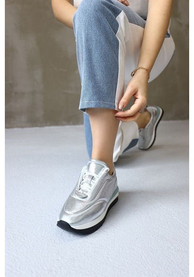 Balla Gümüş Hakiki Deri Kadın Sneaker-Gumus Gümüş