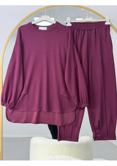 Lovie Moda Salaş Pantolon Tesettür İkili Takım Mor