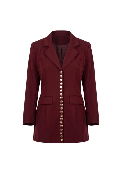 CEMO Gold Düğme Detaylı Uzun Blazer Ceket Bordo