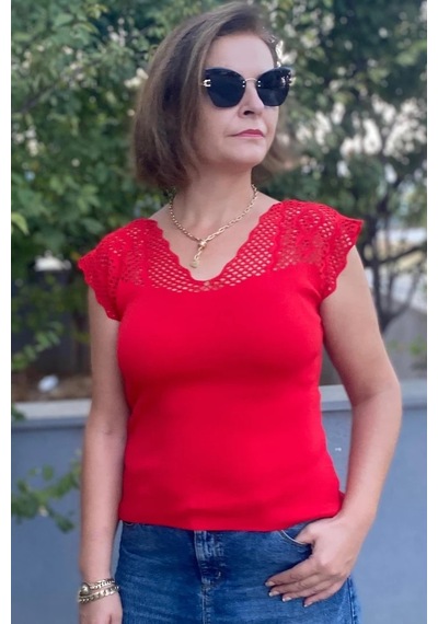Mia Butik Kadın Kırmızı Sıfır Kol Ajurlu Triko Bluz Kırmızı