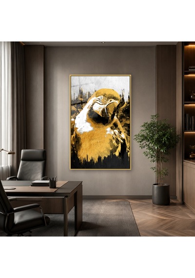 Altın Tonlu Papağan Portresi Gold Çerçeveli Cam Tablo