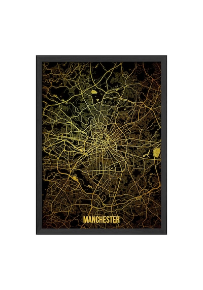 Manchester Şehir Haritası Siyah Ahşap Çerçeveli Poster, Dekoratif Harita Duvar Tablosu