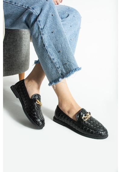 Lebibe Shoes Maby Kadın Siyah Örgü Dokulu Zincir Detaylı Loafer Düz Ayakkabı Babet