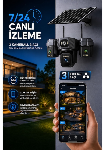 3 Kameralı Sim Kartı İle Çalışan Gece Görüşlü Solar Güvenlik Kamerası