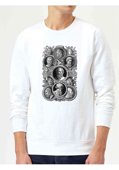 Filozoflar Baskılı Beyaz Erkek Örme Sweatshirt