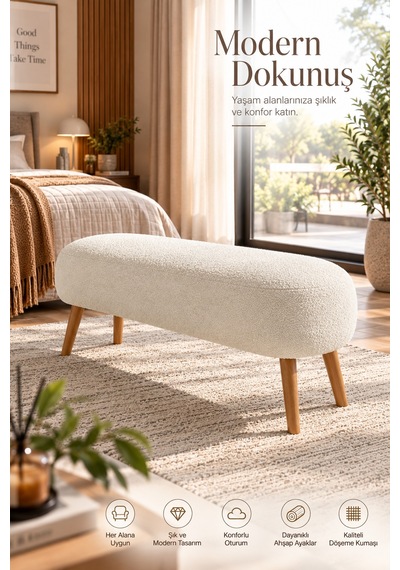 Lona Bukle Kumaş Modern Bench Puf Çok Amaçlı Yatak Ucu Ve Antre Bankı Beyaz