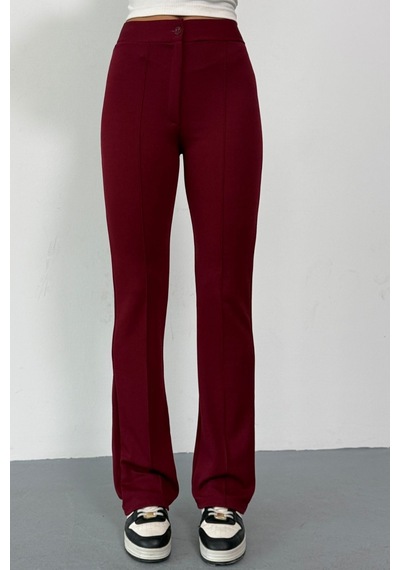 Thiff Gymwear Krep Kumaş Likralı Önü Çimalı Bej Kadın Palazzo Pantolon Bordo