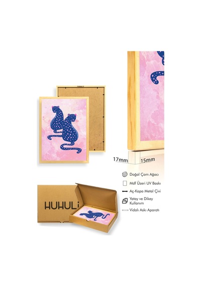 Doğal Ahşap Çerçeveli Retro Kedi Tablo - Nokta Desenli Pop Art Huhu2318