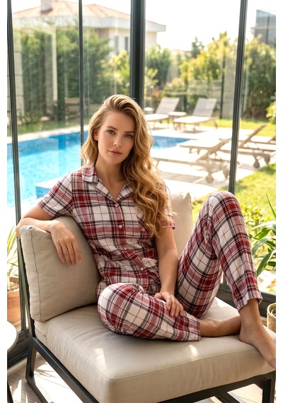 Remsa Kadın Ekose Kısa Kol Milan Kumaş Pijama Takımı 50101-3005 Kırmızı