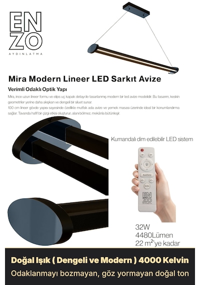 Mira Füme Lineer Led Sarkıt Avize Kumandalı Dim Edilebilir Aşağı Işık Doğal Işık