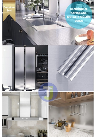 Technojet Kendinden Yapışkanlı Metalik Folyo Mutfak Banyo Tezgah Duvar Dolap Masa Kaplama 60cmx100cm Silver