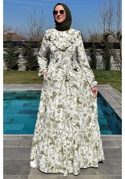 Rabia Şamlı Botanik Elbise Yeşil Normal