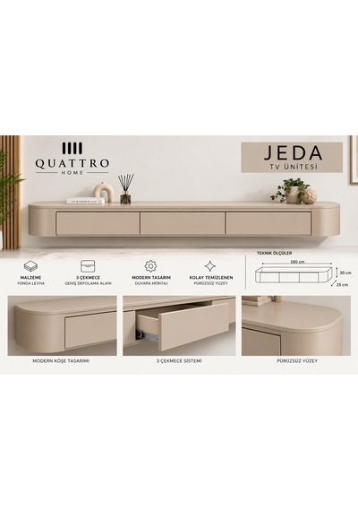 Jeda Duvara Monte Tv Ünitesi 180 Cm 3 Çekmeceli Modern Bej Tv Sehpası Krem