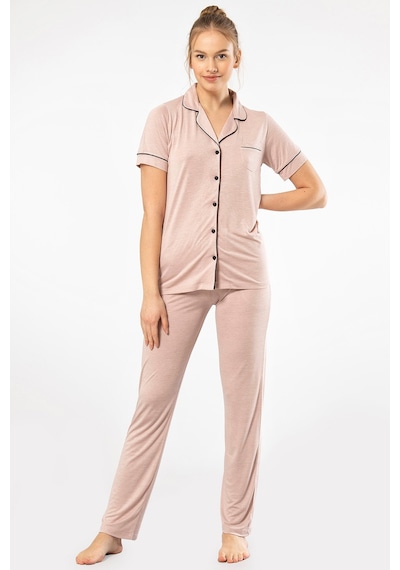 Türen 3368 Kadın Kısa Kollu Gömlek Yaka Pijama Takım-pudra Pudra