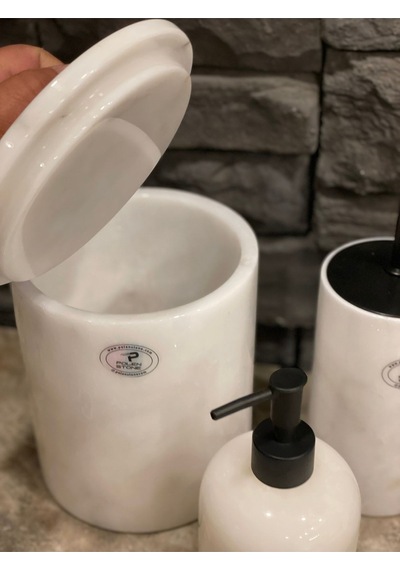 Beyazı Mermer 3,lü Banyo Takımı Mat Siyah Detaylı Beyaz