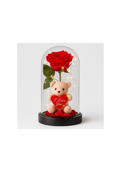 Led Işıklı Fanusta Yapay Gül Ve Lüks Peluş Ayıcık Dekoratif Romantik Sevgililer Günü Hediyesi 20 Cm Hediyelik Eşya