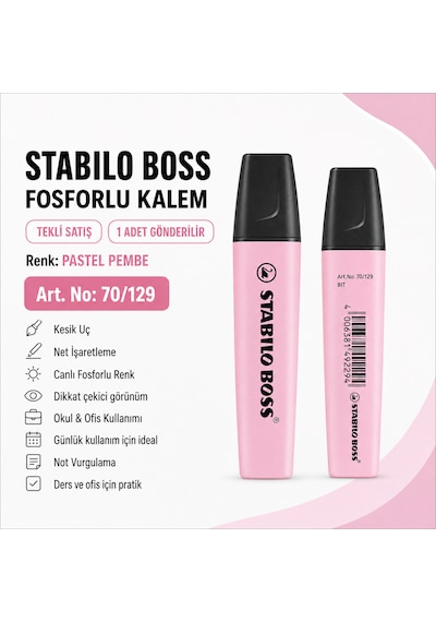 Boss Fosforlu Kalem 1 Adet Metin İşaretleme Kalemi Pastel Pembe