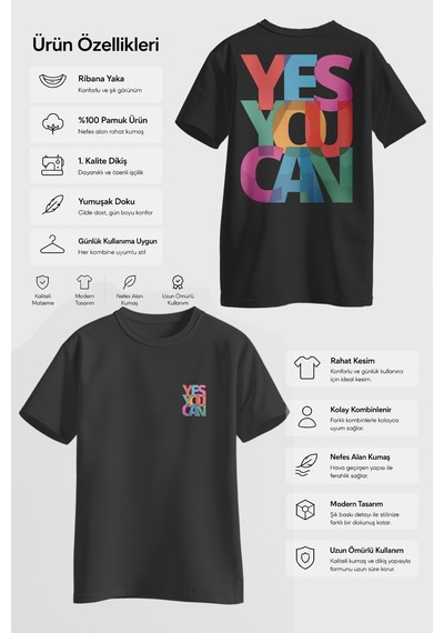 Spoyi Yes You Can Tasarımlı %100 Pamuk Yarım Oversize Siyah T-shirt