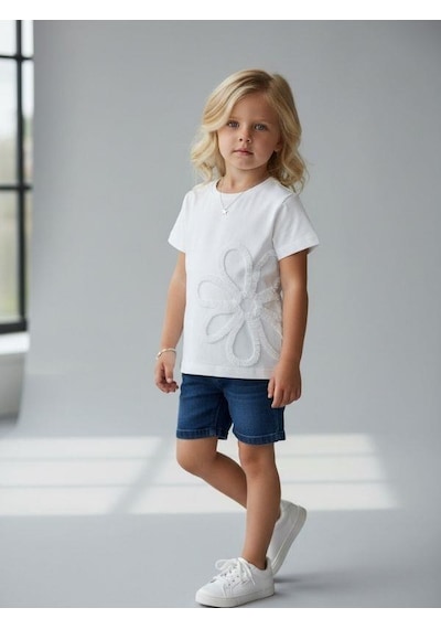 Zekids Kız Çocuk Çiçek Nakışlı Tasarım T-shirt-16889 Beyaz