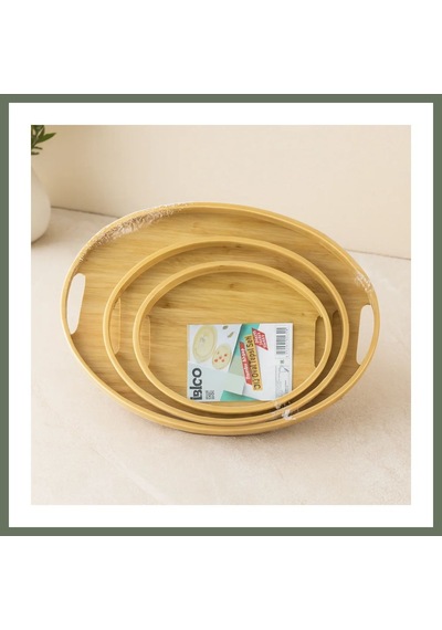 Bezos Oval Bambu Ahşap Tepsi Seti 3'lü 20x29, 26x36, 31x45 Cm Bezos1