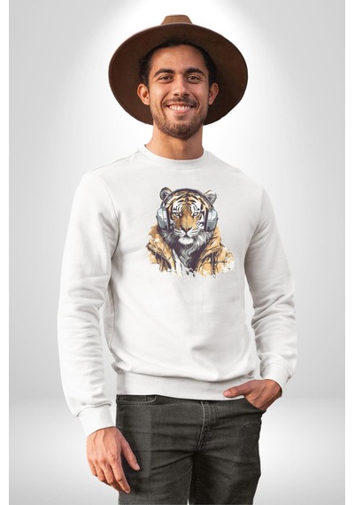 Müzik Dinleyen Kaplan İnsan Mont Unisex Beyaz Baskılı Sweatshirt Beyaz