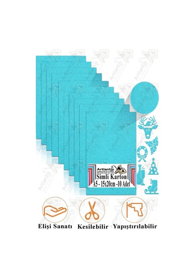 Açık Mavi Simli Karton A5 15x20 Cm 10 Lu 1 Paket Simli Fon Kartonu Parıltılı Kağıt Anasınıfı Kreş Etkinlik Proje Mavi