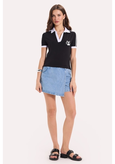 Tudors Kadın Slim Fit Dar Kesim Kısa Kollu Baskılı Omzu Şeritli V Yaka Siyah Tişört Body-52068