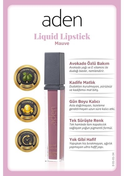 Aden Liquid Lipstick - Likit Ruj 34 Mauve Eflatun Çok Renkli