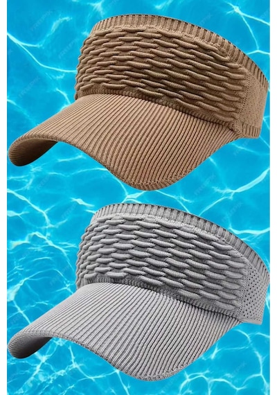 Uniquetrenders Kadın Örgü Dokulu Uv Korumalı Yazlık Vizör Şapka 2'li Set Camel - Gri